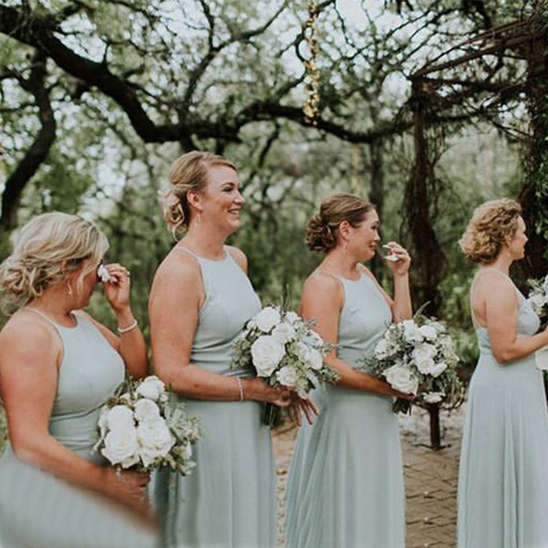 Simple Chiffon Sage Green Halter Bridesmaid Dresses Crisscross Back Long Boho Country Garden Wedding Party Dress Maid of Honor Formal Gowns