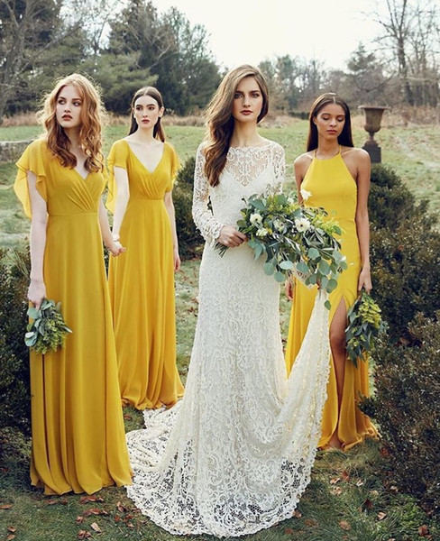 Simple Lemon Bridesmaid Dresses V neck Long Chiffon Bridesmaid Gowns With Ruffles Sleeves Backless Sheath Chiffon Maid Of Honor Cheap Dress