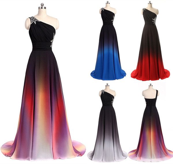 New One Shoulder Ombre Long Evening Prom Dresses Beading Long Bridesmaid Dresses Wedding Party Gowns Stock