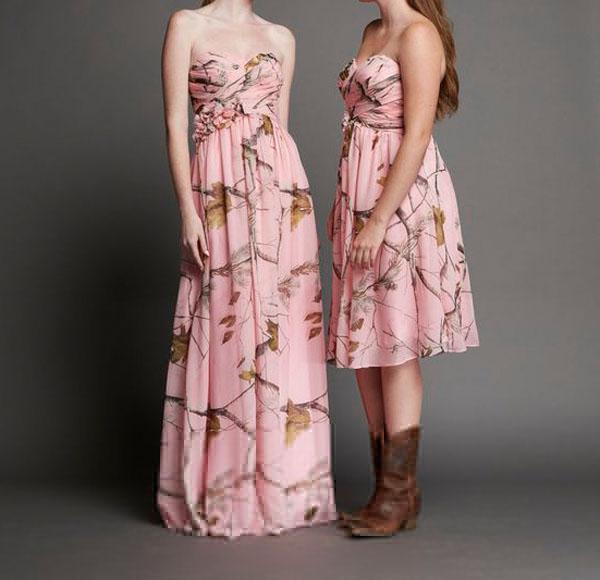 AP Pink CAMO Bridesmaid Dresses Long Chiffon Sweetheart Neckline Lace-up Bodice CAMO Wedding Formal Dresses