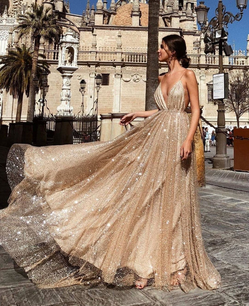 Glamorous Gold A Line Satin Prom Dresses Deep V Neck Sleeveless Floor Length Prom Gowns Evening Dresses