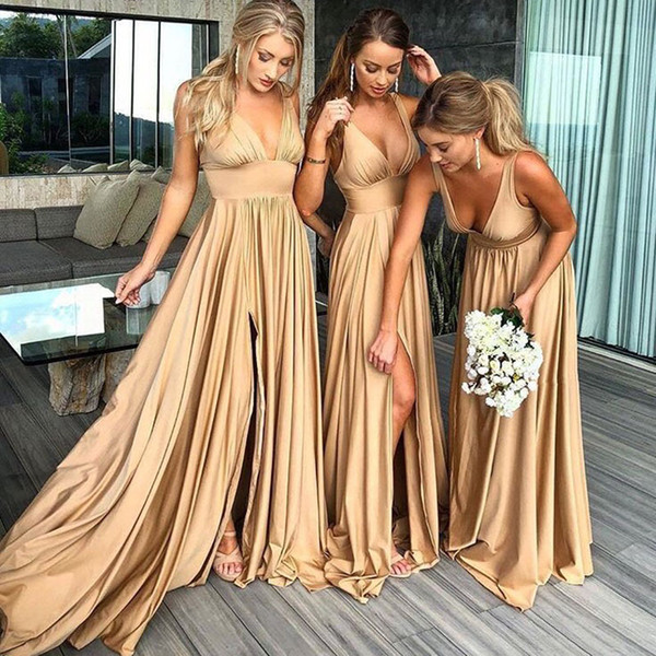 Hot Sale Soft Satin Bridesmaid Dresses Deep V-neck Sheath Floor Length Formal Wedding Guest Dress Sexy Slit Maid Of Honors Dresses