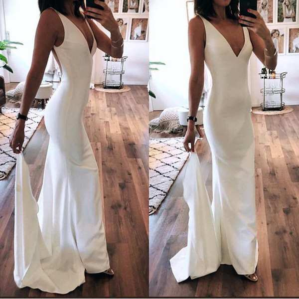 Simple Mermaid Wedding Dresses Sexy V-neck Sleeveless Satin Bridal Gowns Chapel Train Wedding Dress Backless Vestidos de novia