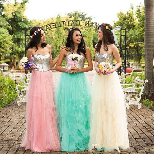 cheap A-line bridesmaid dress sweetheart sequin tulle floor length sleeveless fashion in stock bridesmaid dress 