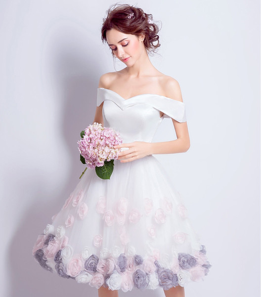 New Bridesmaid Dresses For Weddings Off Shoulde Cap Sleeves Satin Hand Made Flowers Princess Formal Maid of Honor Gowns