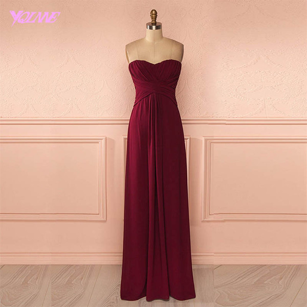 Real Photos Red Wine Long Bridesmaid Dresses Sweetheart Crepe Pleats Back Zipper Floor Length Party Dress