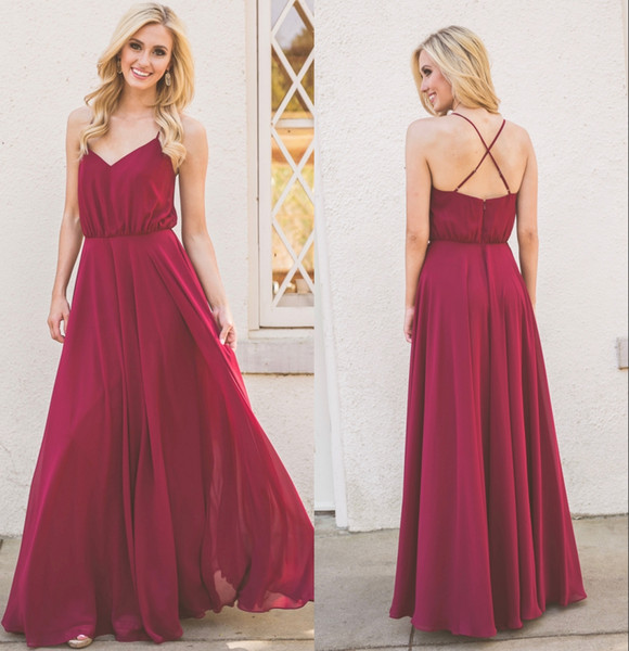 Burgundy Chiffon Bridesmaid Dresses A Line Full Length Maid of Honor Dress criss cross spaghetti straps Bridal Party Gonws