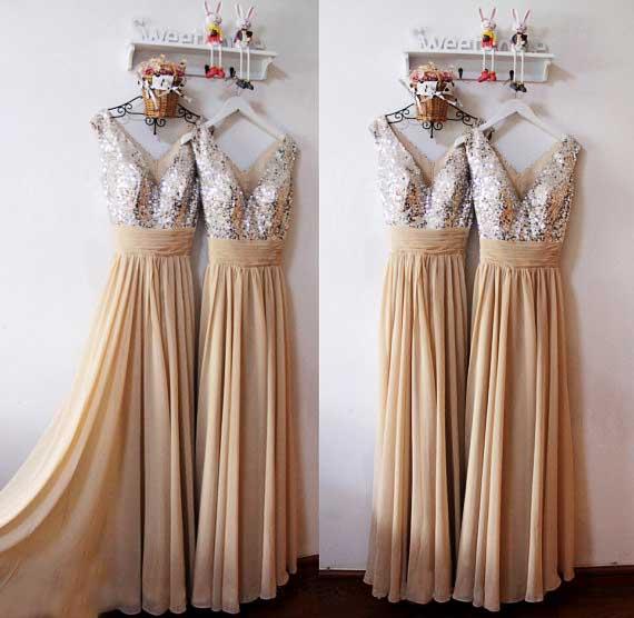 Custom Made Bridesmaid Dresses V Neck Shiny Silver Sequined Bodice A Line Champagne Chiffon Skirt Wedding Maid of Honor Dresses