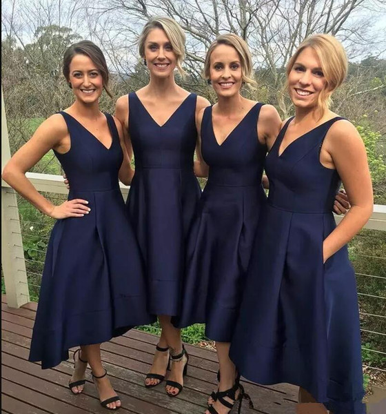 Fashion Navy Blue Bridesmaid Dresses Satin High Low V-Neck Simple Maid Of Honor Dress Evening Party Gowns Formal Prom Dress