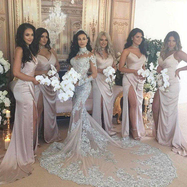 Sexy V-Neck Long Satin Bridesmaid Dresses with Slit Floor Length Dusty Rose Open Back Maxi Dress for Women