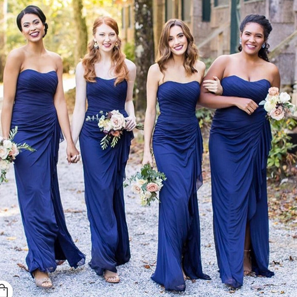 Strapless Royal Blue Bridesmaid Dresses Long Chiffon Formal Dresses Front Split Chiffon Maid Of Honor Cheap Pleats Sheath Dresses New 