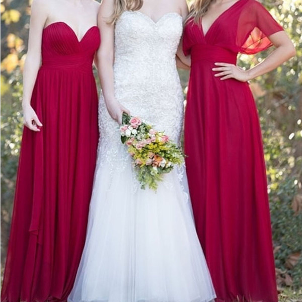 Red Sheath Bridesmaid Dresses Long Formal Wedding Guest Dress Sweatheart Pleats Chiffon Vestido Longo Elegant Wedding Party Gowns New