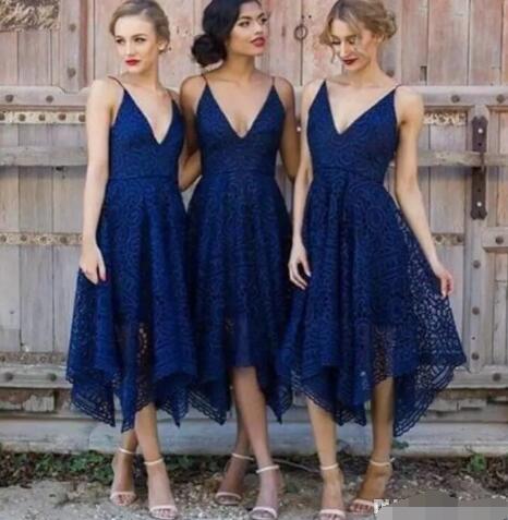 2017 New Style Elegant Tea Length Navy Blue Lace Short Bridesmaid Dresses Irregular Hem V Neck Maid of Honor Country Wedding Guest Dresses