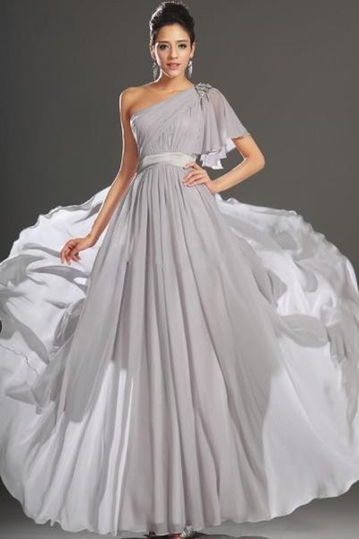 2017 Light Grey Long A-Line One-Shoulder Chiffon Backless And Pleats Long Bridesmaid/Party Dresses
