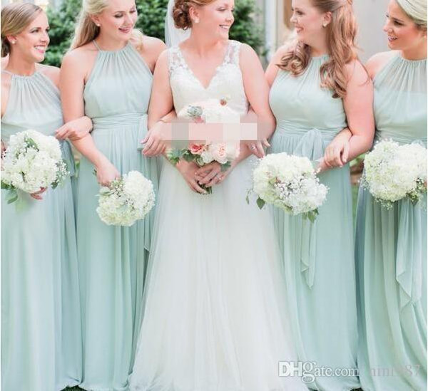 2017 Elegant Sage Green Chiffon Ruffles Long Bridesmaid Dresses Floor Length Open Back Boho Country Wedding Party Maid of Honor Gowns Formal