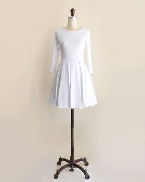 Short White Party Dress with Long Sleeves Vintage Inspired Fit and Flare Dress with Back Bow Ponte Knit Little Prom Dress above Knee