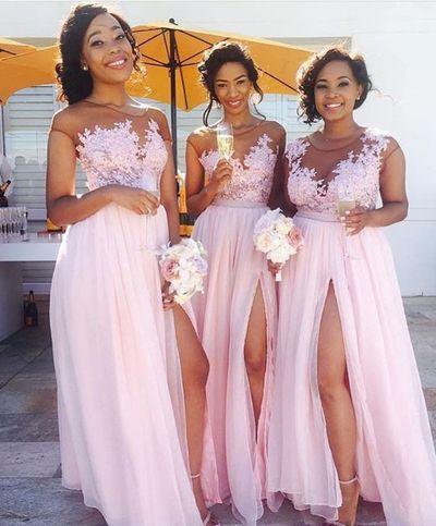 2017 Modest Pink Lace Bridesmaid Dresses Sheer Neck Side Split Chiffon Beach Maid Of Honor Wedding Guest Dresses Sexy Prom Gowns Custom Made