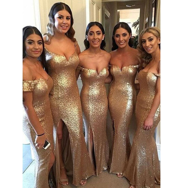 NEW ARRIVAL Champagne Gold Off the Shoulder Split Side Prom Dresses Evening Dresses for Wedding In Stock