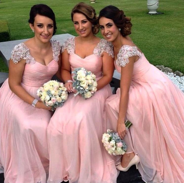 Hot Sale Cap Sleeve Beadings Chiffon Long Pink Bridesmaid Dresses Party Gowns Custom Size 2 4 6 8 10 12 14 16 18++ B76