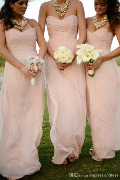 Blush Pink Chiffon Bridesmaid Dress Sheer Neck Lace Top Zipper Back Floor Length Maid of Honor Wedding Guest Dresses Cheap Long