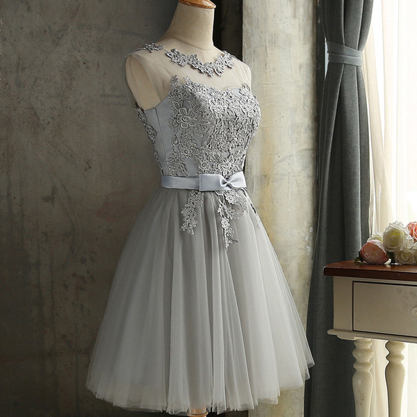 Lace up embroidery Silver short bridesmaid dresses wholesale cheap wedding party prom dress 2018 spring new Homecoming Dress