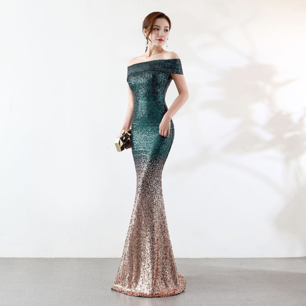 Dark Green And Gold Bridesmaid Dresses Off shoulder Mermaid Sequined wedding guest Party Gowns Cheap In stock