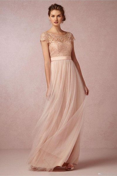 2017 Vintage Blush Lace Long Bridesmaids Dresses Illusion Bateau Neck Chiffon Capped Sleeves Low Back A-Line Floor-length Evening Dresses