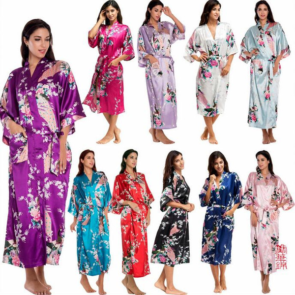 Wedding Gown Printed Lady Pyjamas Silk Dresses Summer Night Robe Colorful Peacock Sleeping Robe Japanese Cardigans