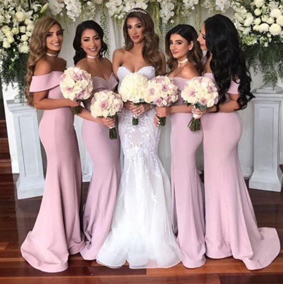 Charming Pink Off Shoulder Bridesmaids Dresses Mermaid Dress Formal Gowns Short Sleeve Backless Wedding Guest Dress Maid Of Honor