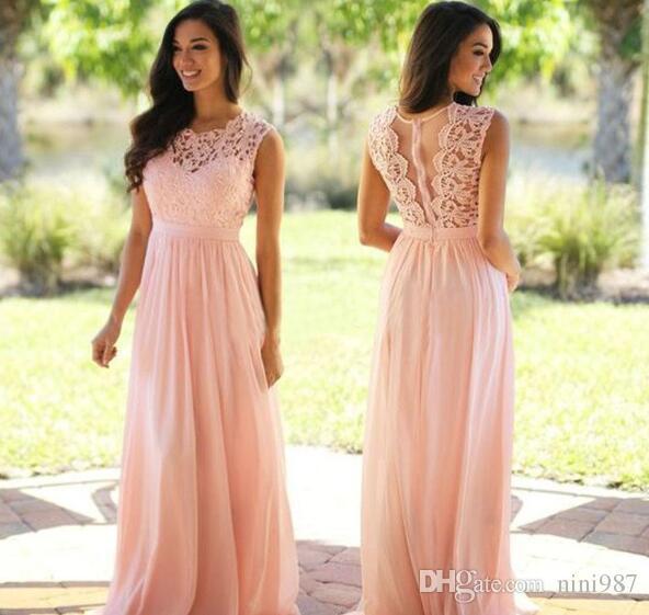 2017 Lace Applique Elegant Bridesmaid Dresses Jewel Sleeveless Wedding Guest Dress Sheer Back Zipper Sweep Train Chiffon Cheap Formal Gown