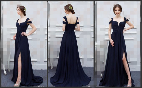 2017 long bridesmaid dress A-line square split side evening dress off-the -shoulder sexy chiffon wedding guest dress