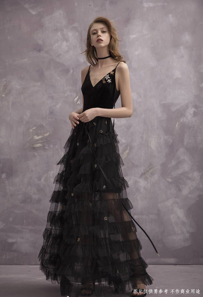 Gauze Sequins Star Velvet Skirt Gallus Belt See Through Sexy Dress Meeting Party Black Ankle Skirt