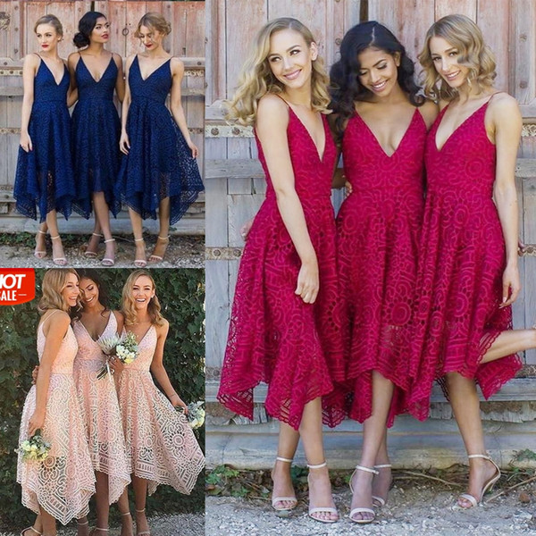 Lace Wedding Party Dress A Line Spaghetti Neck Asymmetrical Bridesmaid Dresses Burgundy Navy Blue Blush Pink In Stock Beach Garden