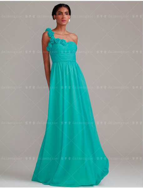 A-Line blue chiffon long Bridesmaid Dresses one shoulder sweetheart pleat flowers Sleeveless vestido de festa de casamento