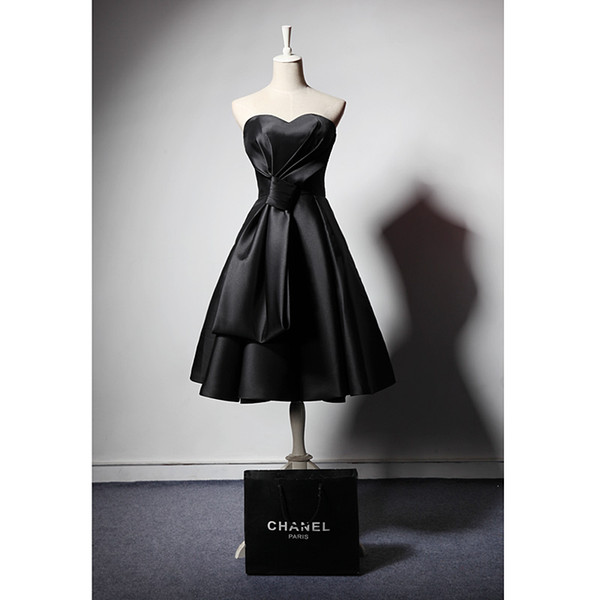 High Quality Short A-line Black Charming Party Dress Sweetheart Satin Pleats Ruched Prom Dress Evening Dress Under Knee