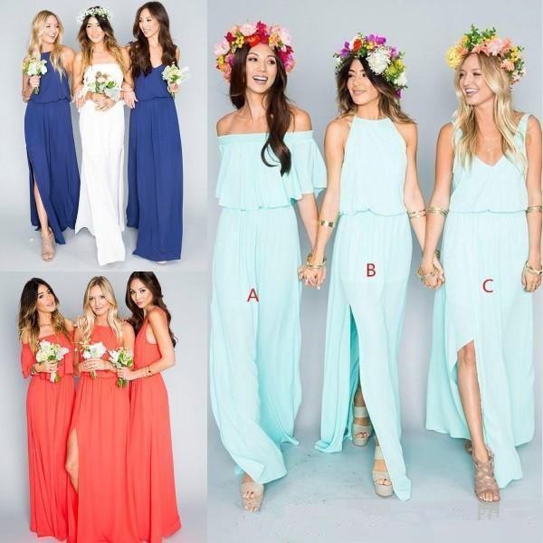 New Style Neckline Boho Bridesmaid Dresses Long Floor Side Split Chiffon Maid Of Honor Wedding Party Gowns