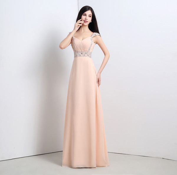 2015 Peach Elegant Bridemaid Dresses A Line Floor Length party Dresses Sequins Beaded Maid of Honor Dress in stock Size 6 to 16