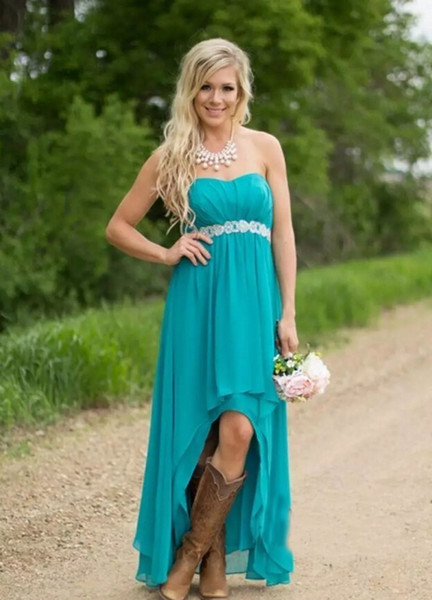 2017 Country Cheap Bridesmaid Dresses Chiffon Teal Turquoise Sweetheart Beaded Belt Party Dress High Low Maid Of The Honor Gowns