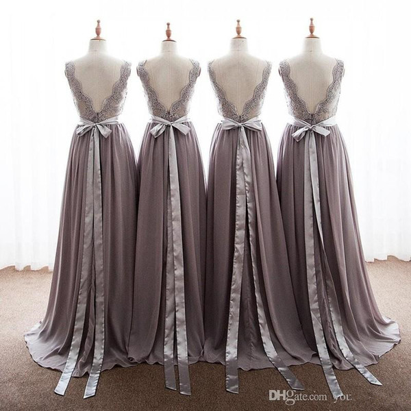 Elegant Gray Bridesmaid Dresses V Neck Appliques Lace Floor Length Backless Long Bridesmaid Gowns With Ribbon Bow Party Dresses