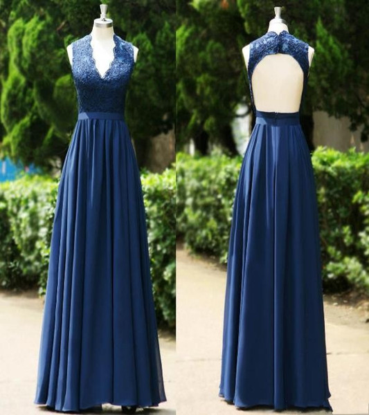 Real Photos Deep V-Neck A-Line Sleeveless Backless Floor-Length Chiffon Blue Bridesmaid Dresses 2017 New Arrival 