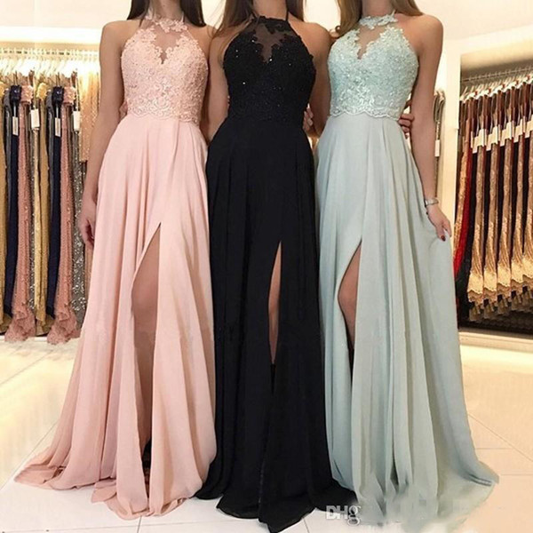 Chiffon Long Bridesmaid Dresses A-line Jewel Neck Halter Lace Applique Floor Length Draped Side Split Formal Evevning Gown Prom Dress 