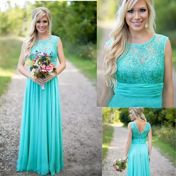 New Teal County Bridesmaid Dresses Scoop Neckline Lace Sequins Pleats Chiffon Beaded Backless Long Bridesmaids Dresses For Wedding