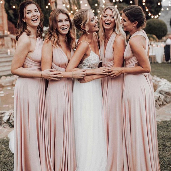 Pink Convertible Bridesmaid Dresses Long Chiffon Formal Dresses Crisscross Back Maid Of Honor Cheap Pleats Sheath Dresses 