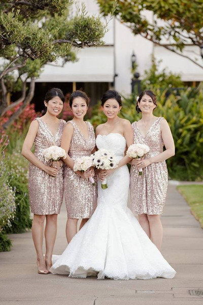 2018 Gold Sequin Bridesmaid Dresses Deep V-Neck Short Wedding Party Dress Cheap Real Photo Bridesmaids Dress