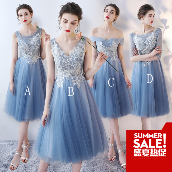 Mix Order Lace Bridesmaid Dresses Sheer V Neck Tulle A Line Tea Length Short Party Cocktail Prom Dresses With Lace Up