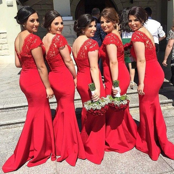 Mermaid Lace Bridesmaid Dresses V-Neck Sleeveless Backless Low Button Sweep Train Chiffon Red Wedding Party Dresses