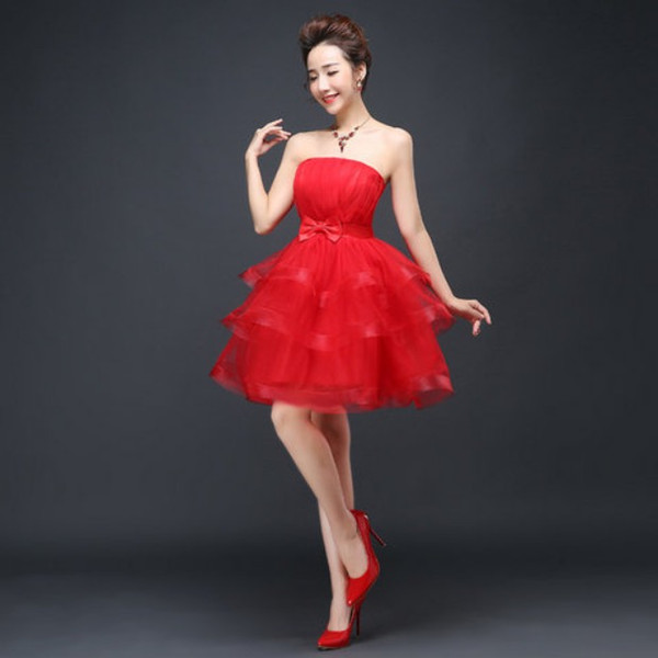 2017 spring and summer new champagne Bridesmaid little dress short length strapless wedding bride wedding prom dress