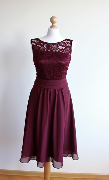 Short Burgundy Bridesmaid Dress Lace Short Bodice V Back Party Dress Marsala Chiffon Prom Dress Knee Length