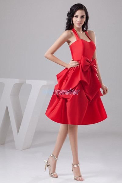 design hot sale handmade bow beach fashion bridal gown halter custom size/color short red Bridesmaid Dress