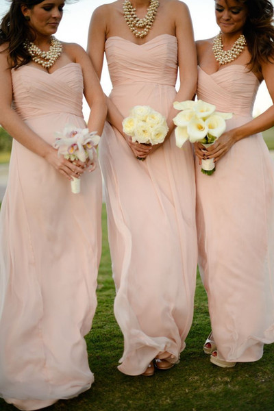 Cheap Country Bridesmaid Dresses Long Sweetheart Neck Ruched Bodice A Line Blush Pink Peach Chiffon Long Maid of Honor Dresses